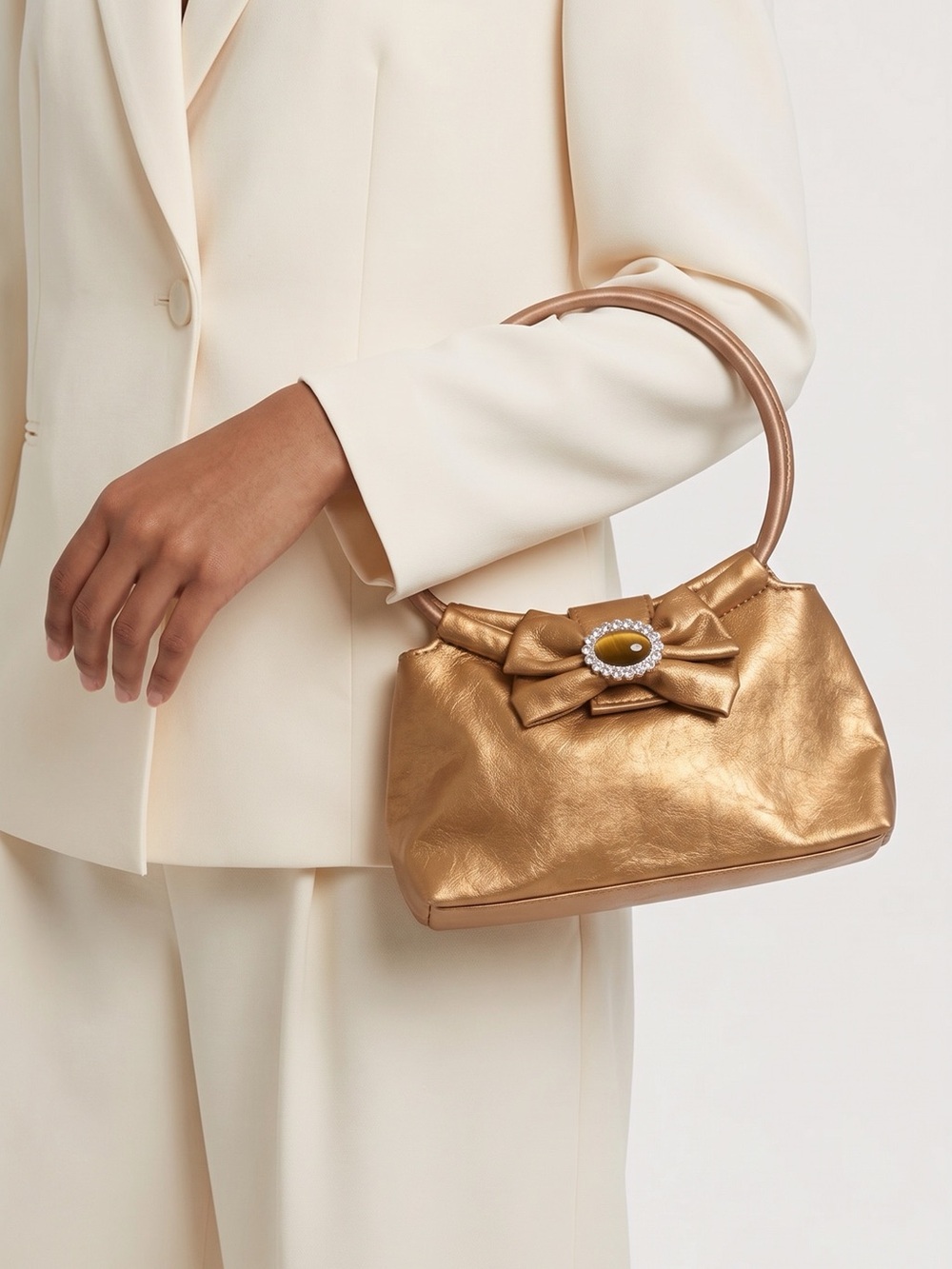 Elegant Metallic Gold Bow-Accent Women’s Handbag by Kichi USA